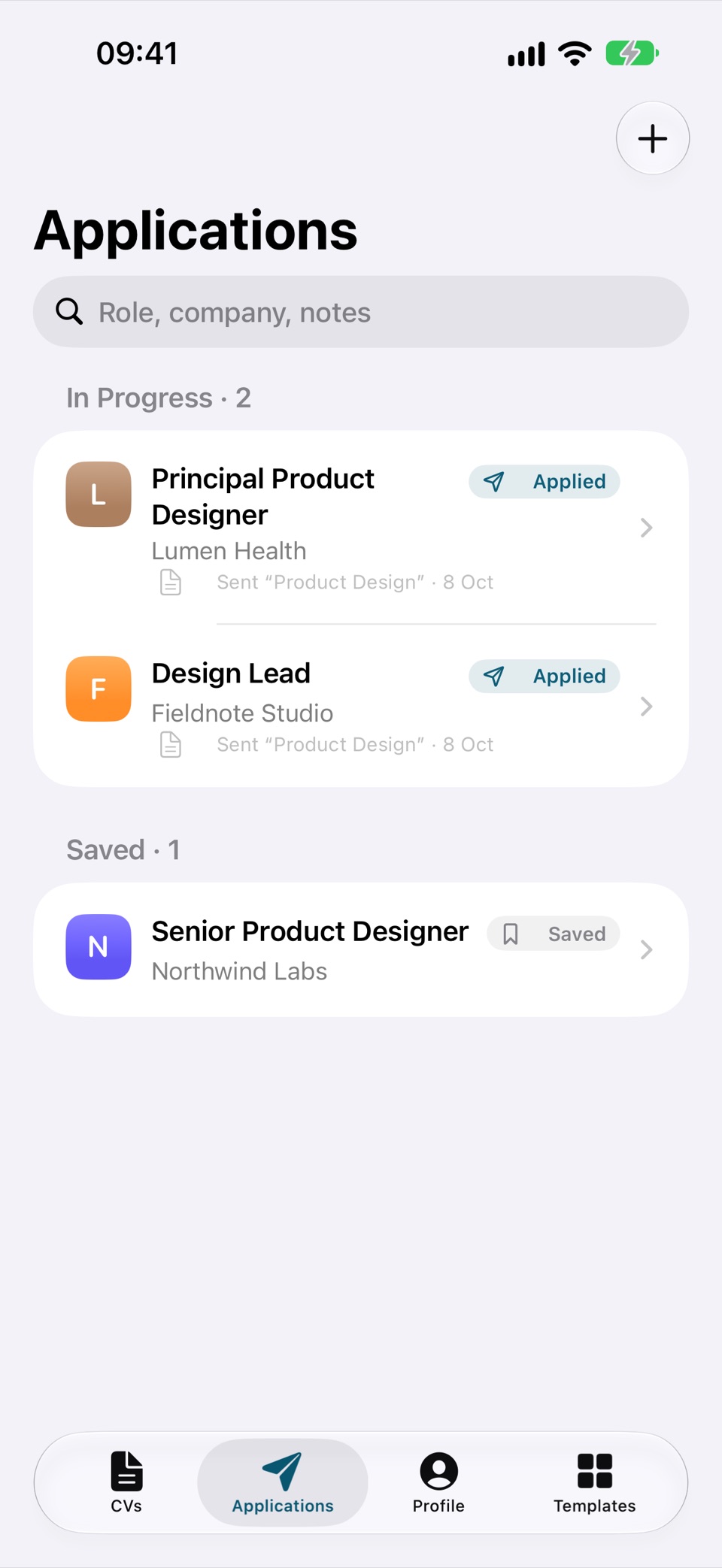 Applications on an iPhone: two jobs applied to with the CV sent to each, and one saved for later