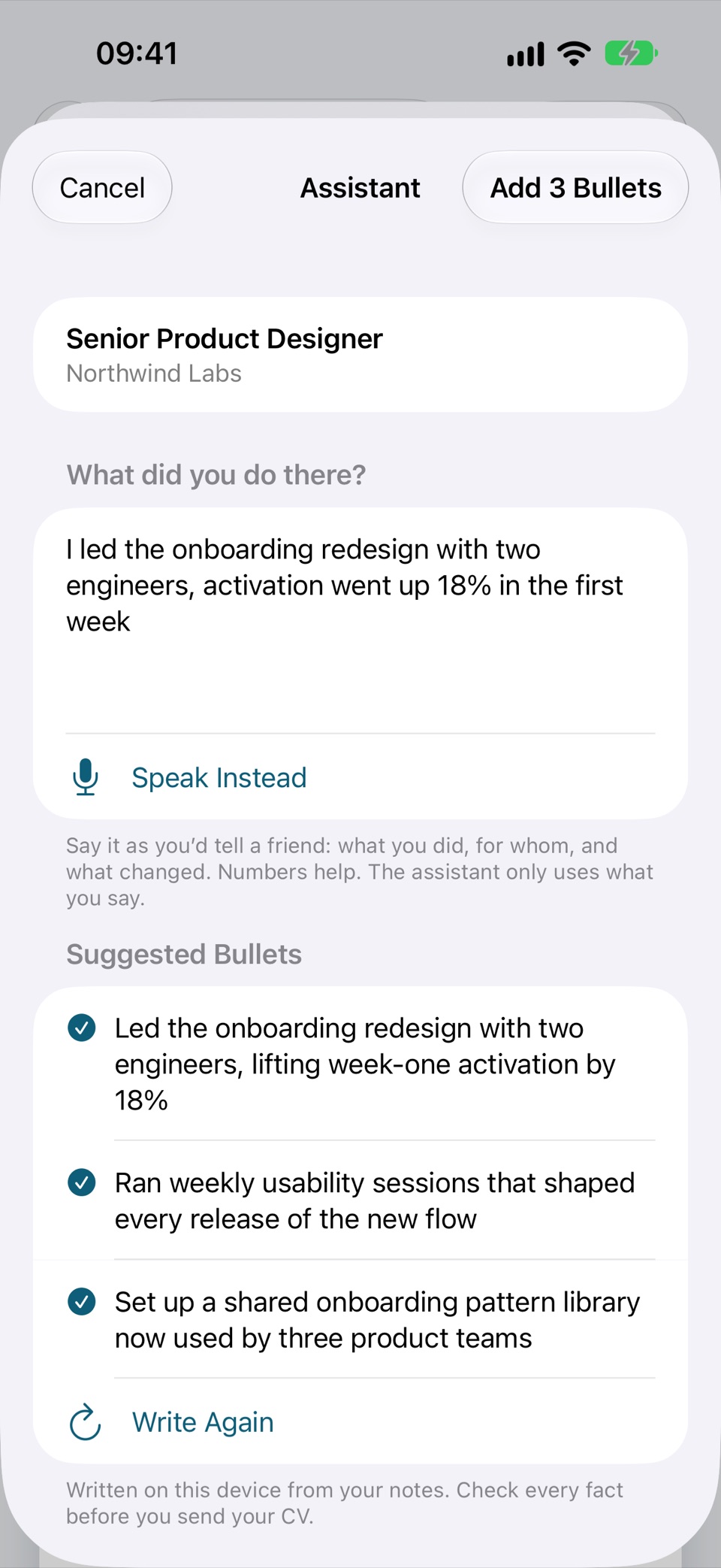 The writing assistant on an iPhone: notes about a role, and three suggested bullets ready to add