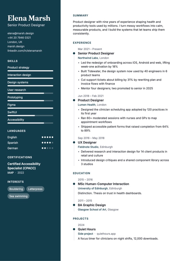 A CV in the Atelier template: a deep teal sidebar beside a timeline of roles