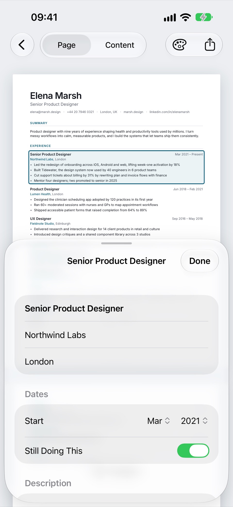 PearlCV on an iPhone: a role highlighted on the page, its editor open below
