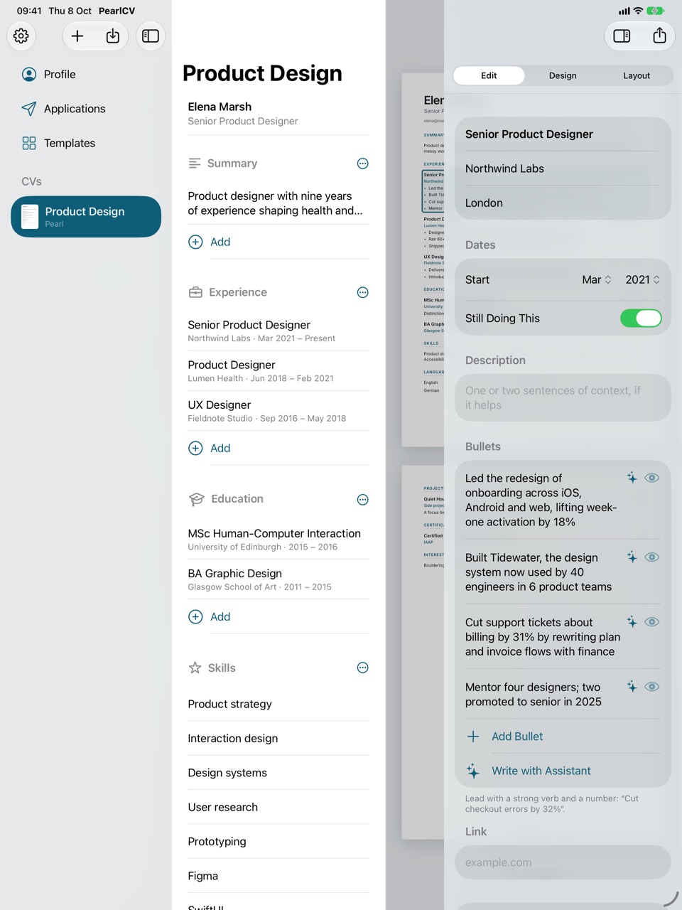 PearlCV on an iPad: the CVs in the sidebar, a CV's sections beside them, the page and the editor