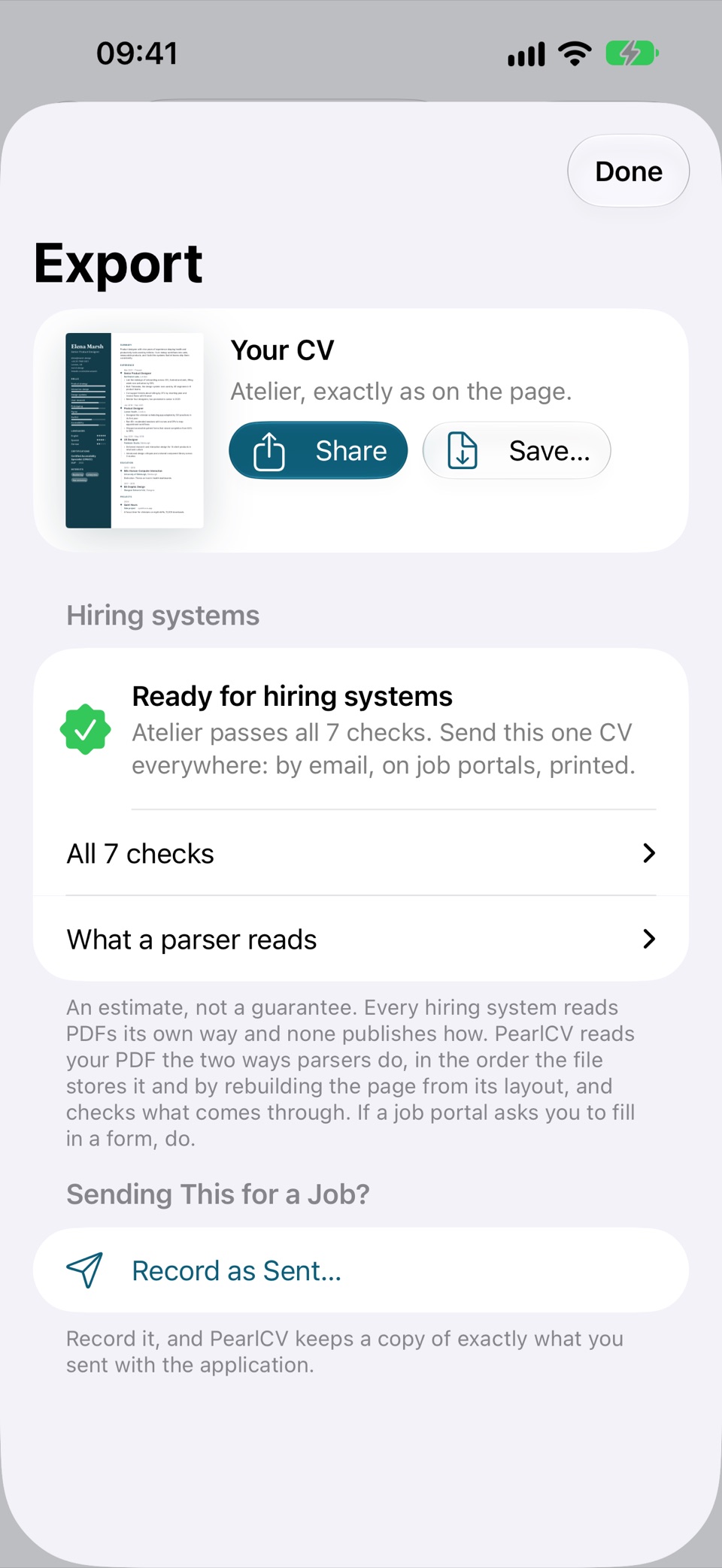 Exporting on an iPhone: the CV and its verdict, Ready for hiring systems, all 7 checks pass