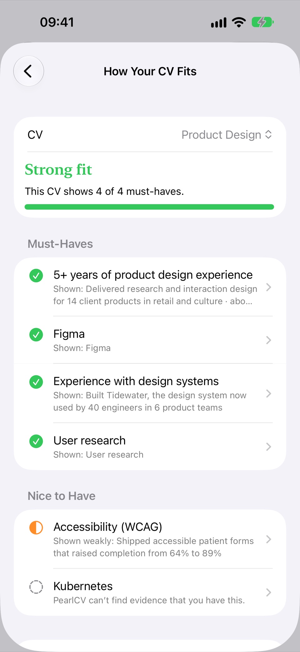A job checked against a CV on an iPhone: Strong fit, four of four must-haves shown, and each requirement with where the CV shows it