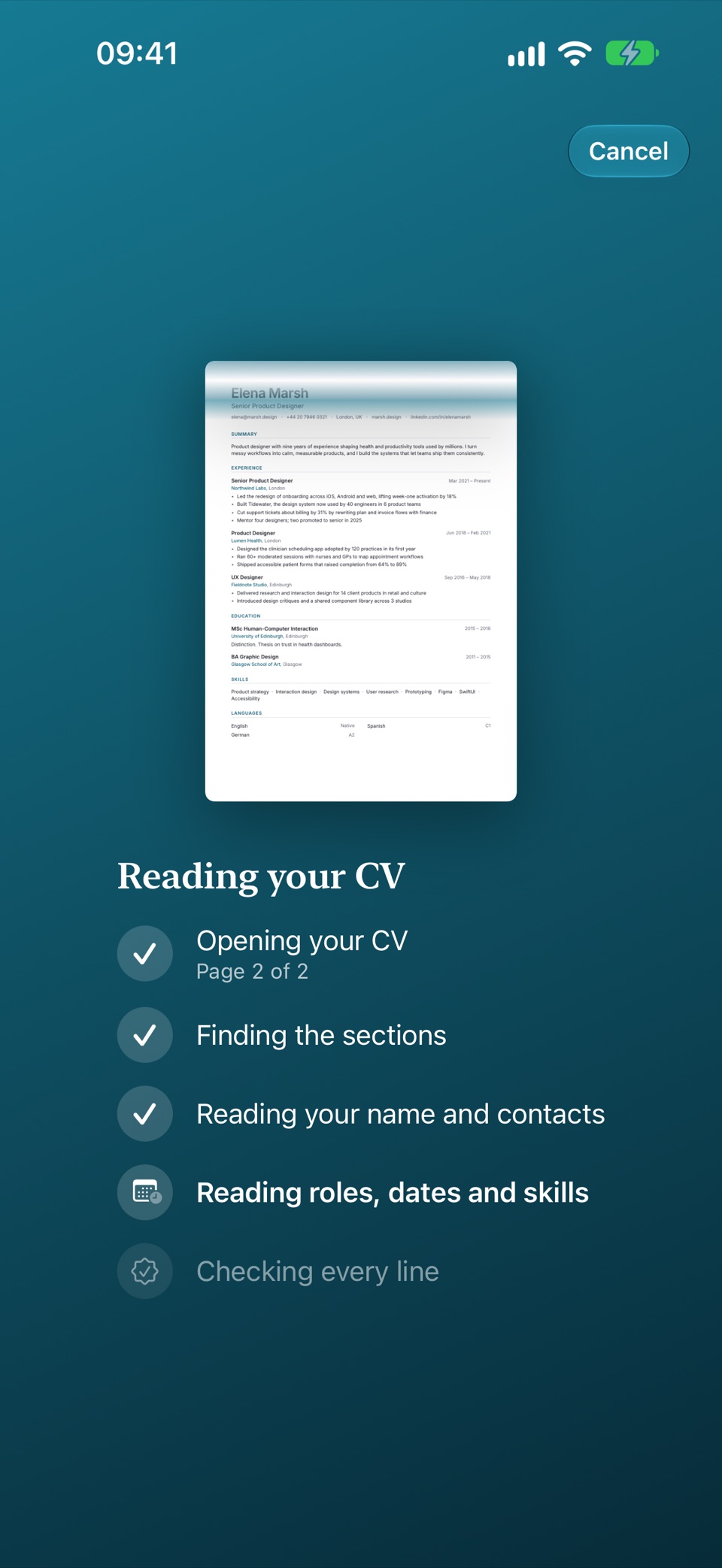 Importing on an iPhone: a CV's first page with light passing down it, beside the steps reading it, three of them done