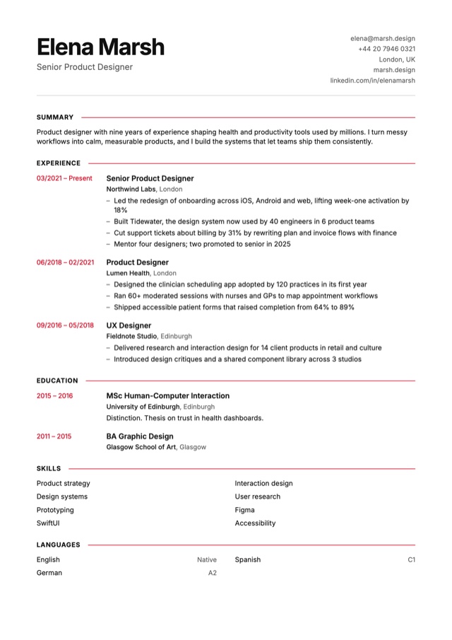 A CV in the Kern template: swiss precision: labels, rules and a grid