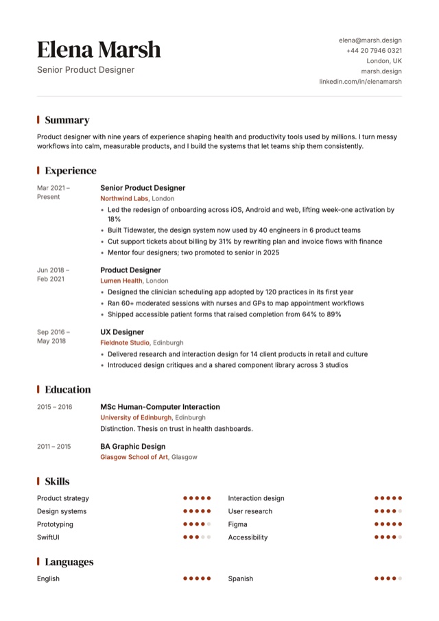 A CV in the Meridian template: serif headings with accent bars and dates in the margin