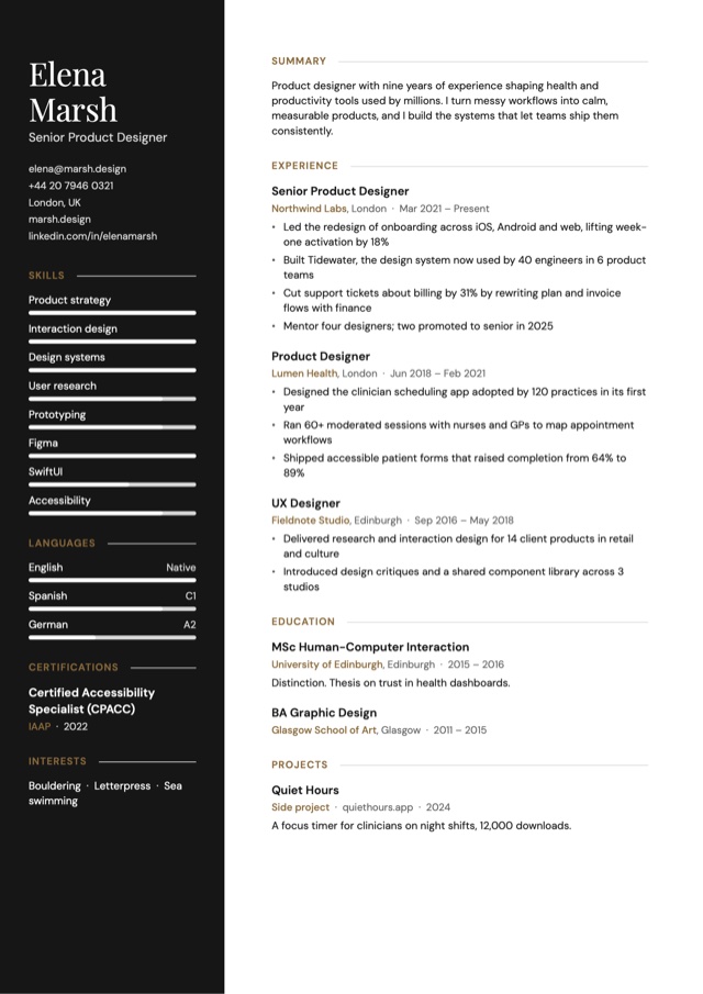 A CV in the Onyx template: a black sidebar and display serif, quietly luxurious