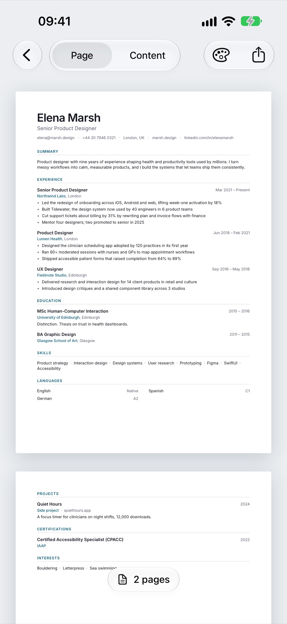 A CV on an iPhone, exactly as it will print, with a capsule below reading 2 pages
