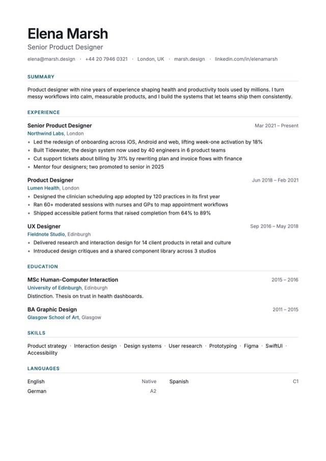 A CV in the Pearl template: a clean single column with accent rules