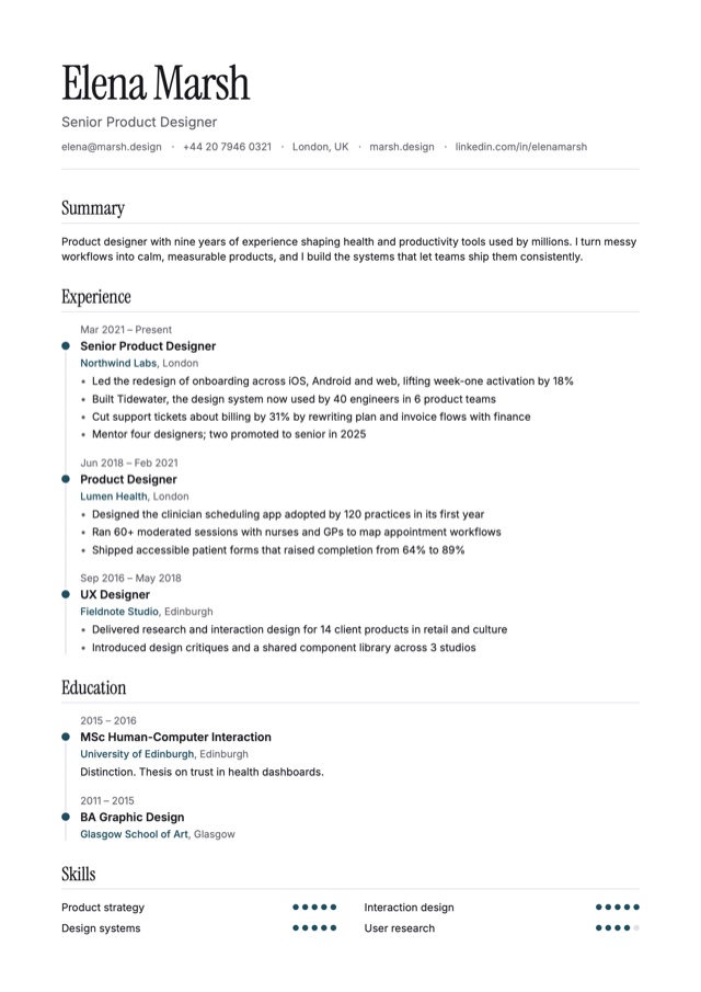 A CV in the Quill template: an elegant display serif and a timeline