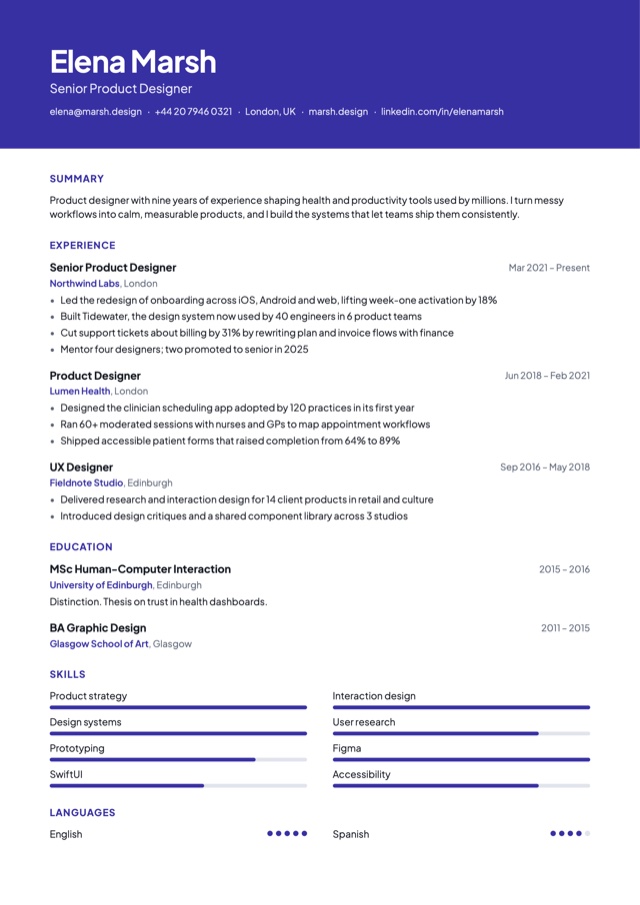 A CV in the Summit template: a bold colour banner and a confident sans